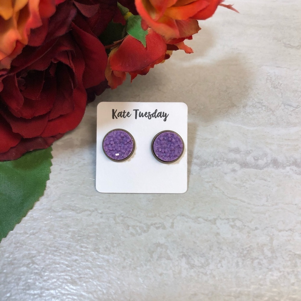 5/$20 purple matte‎ druzy round stud earrings
